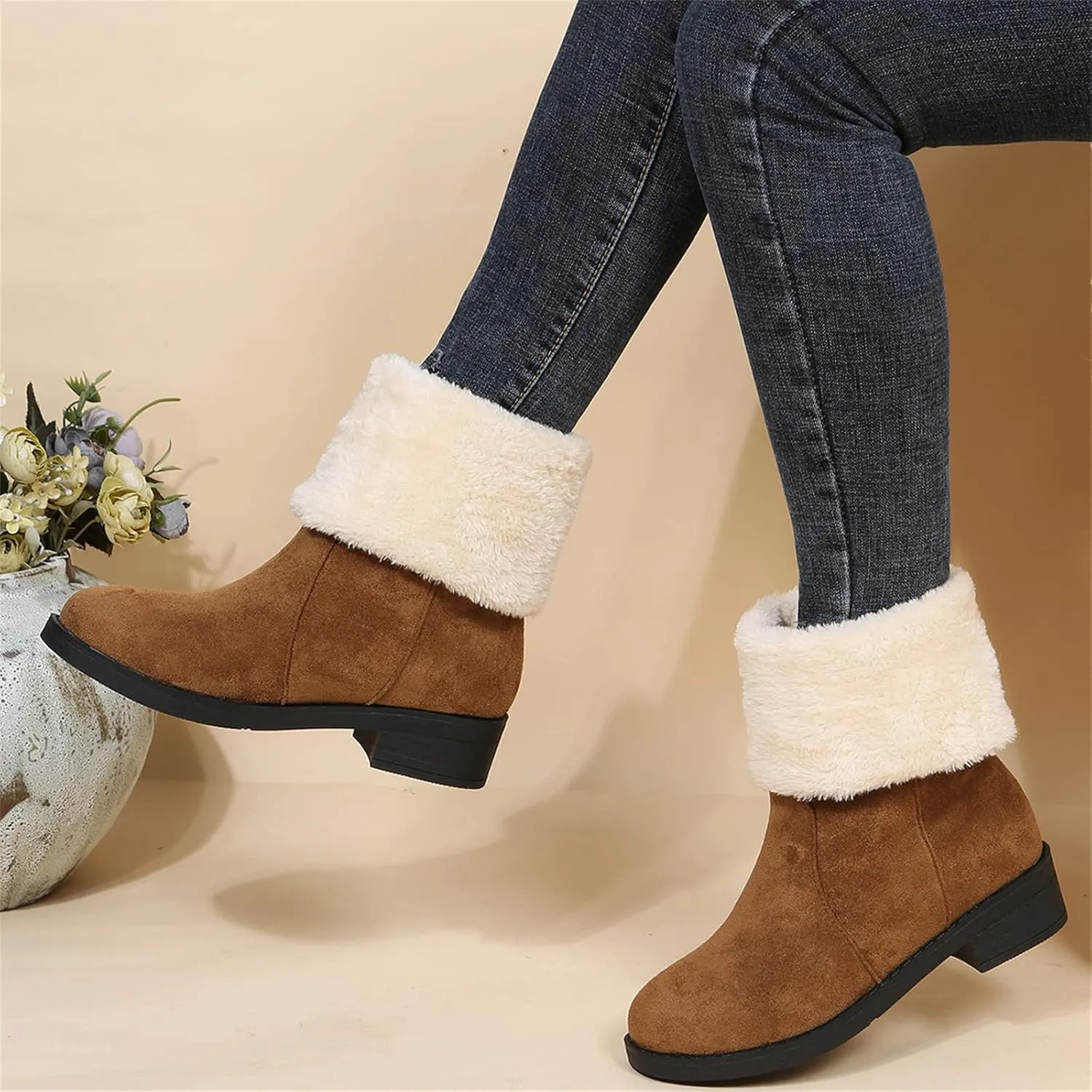 Ladmiple Snow Boots For Women Tall Mid Calf Winter Shoes with Fur Lined Warm Slip On Comfortable Anti Slip Outdoor Shoes