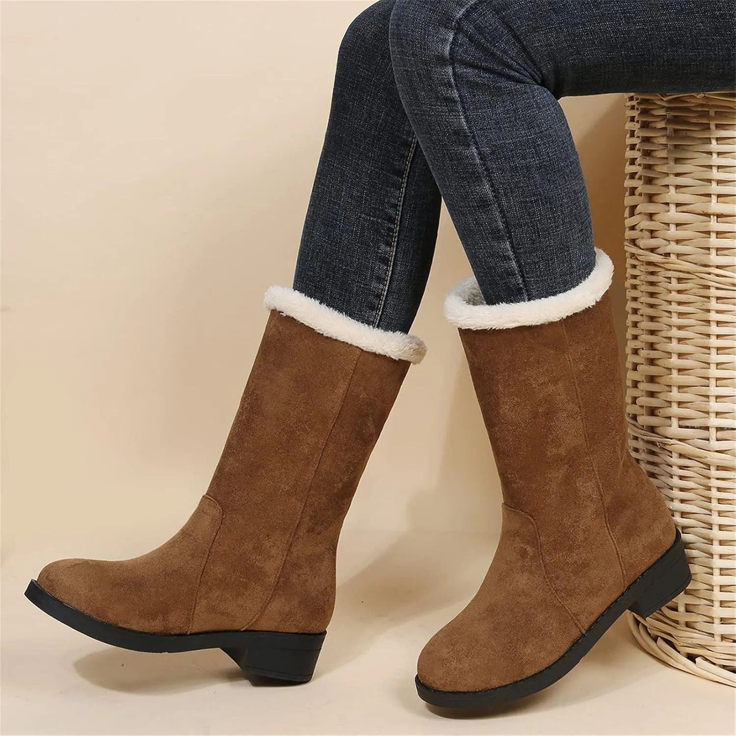 Ladmiple Snow Boots For Women Tall Mid Calf Winter Shoes with Fur Lined Warm Slip On Comfortable Anti Slip Outdoor Shoes