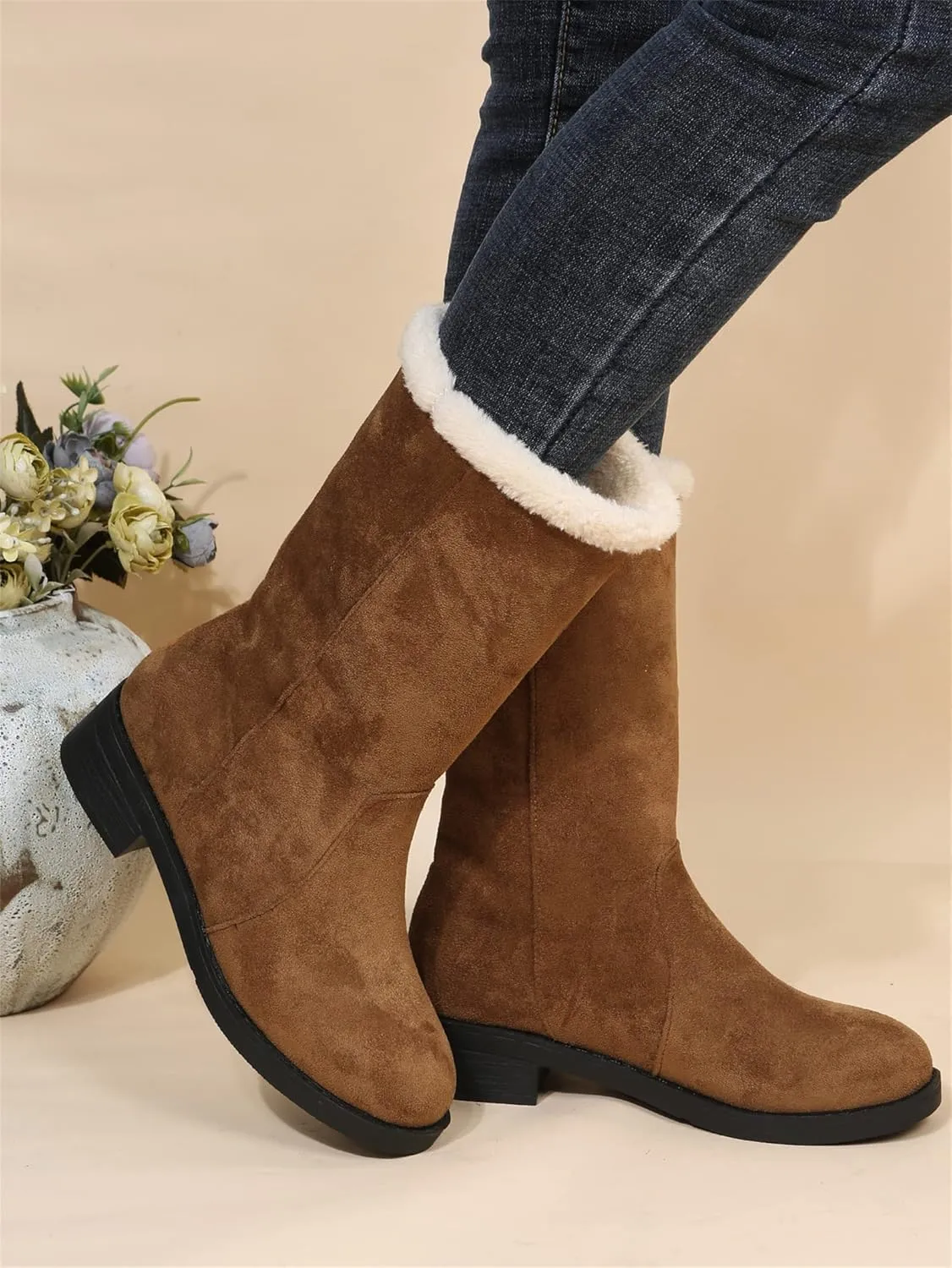 Ladmiple Snow Boots For Women Tall Mid Calf Winter Shoes with Fur Lined Warm Slip On Comfortable Anti Slip Outdoor Shoes