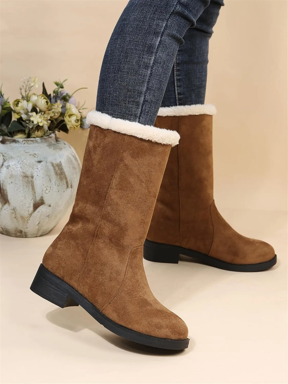 Ladmiple Snow Boots For Women Tall Mid Calf Winter Shoes with Fur Lined Warm Slip On Comfortable Anti Slip Outdoor Shoes