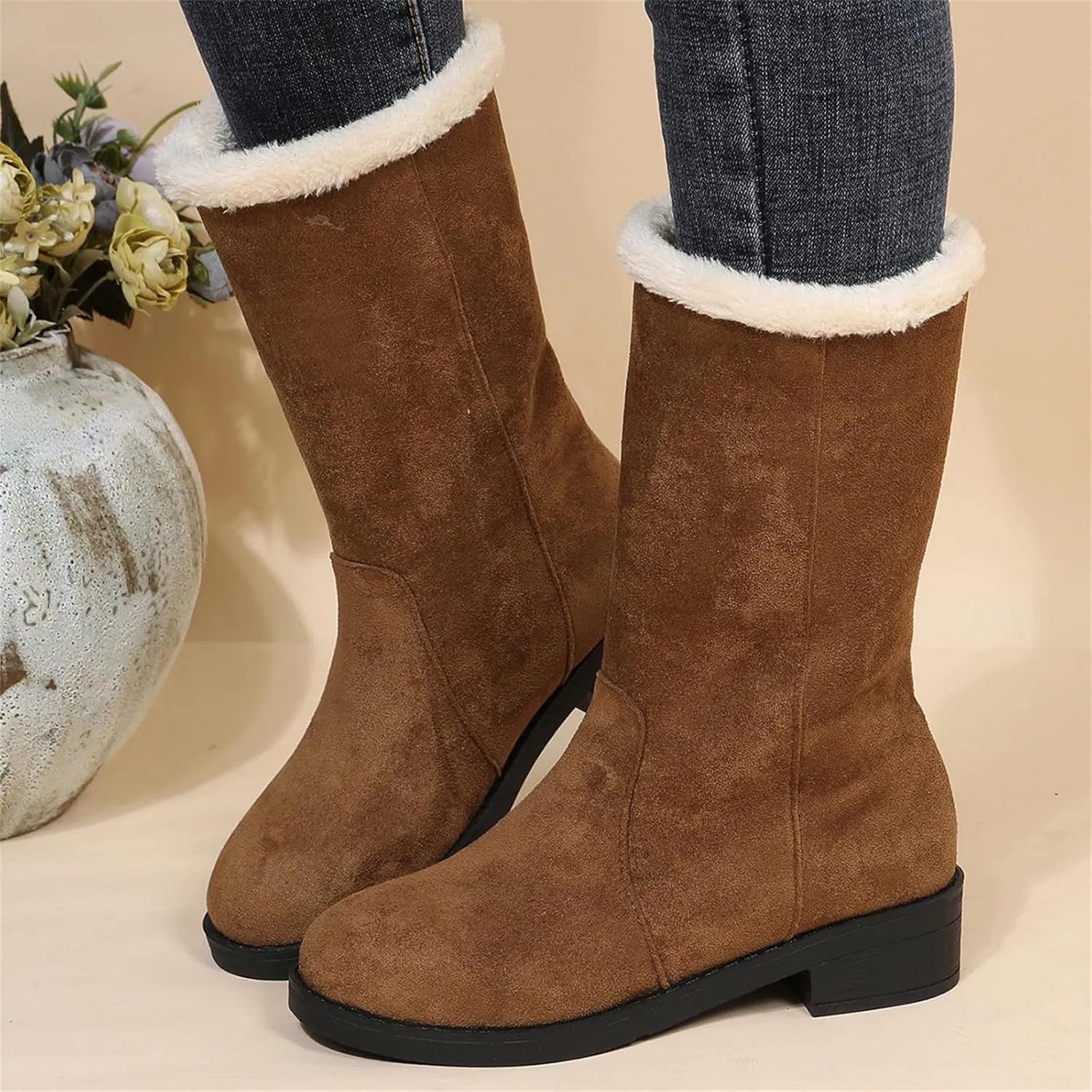 Ladmiple Snow Boots For Women Tall Mid Calf Winter Shoes with Fur Lined Warm Slip On Comfortable Anti Slip Outdoor Shoes