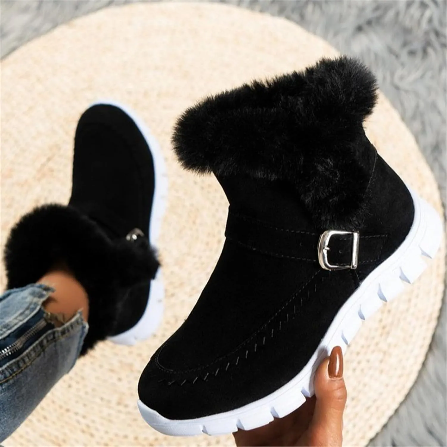 Ladmiple Snow Boots For Women Wide Calf Winter Boots Slip on Insulated Fur Lined Cold Weather Comfortable Warm Ankle Booties