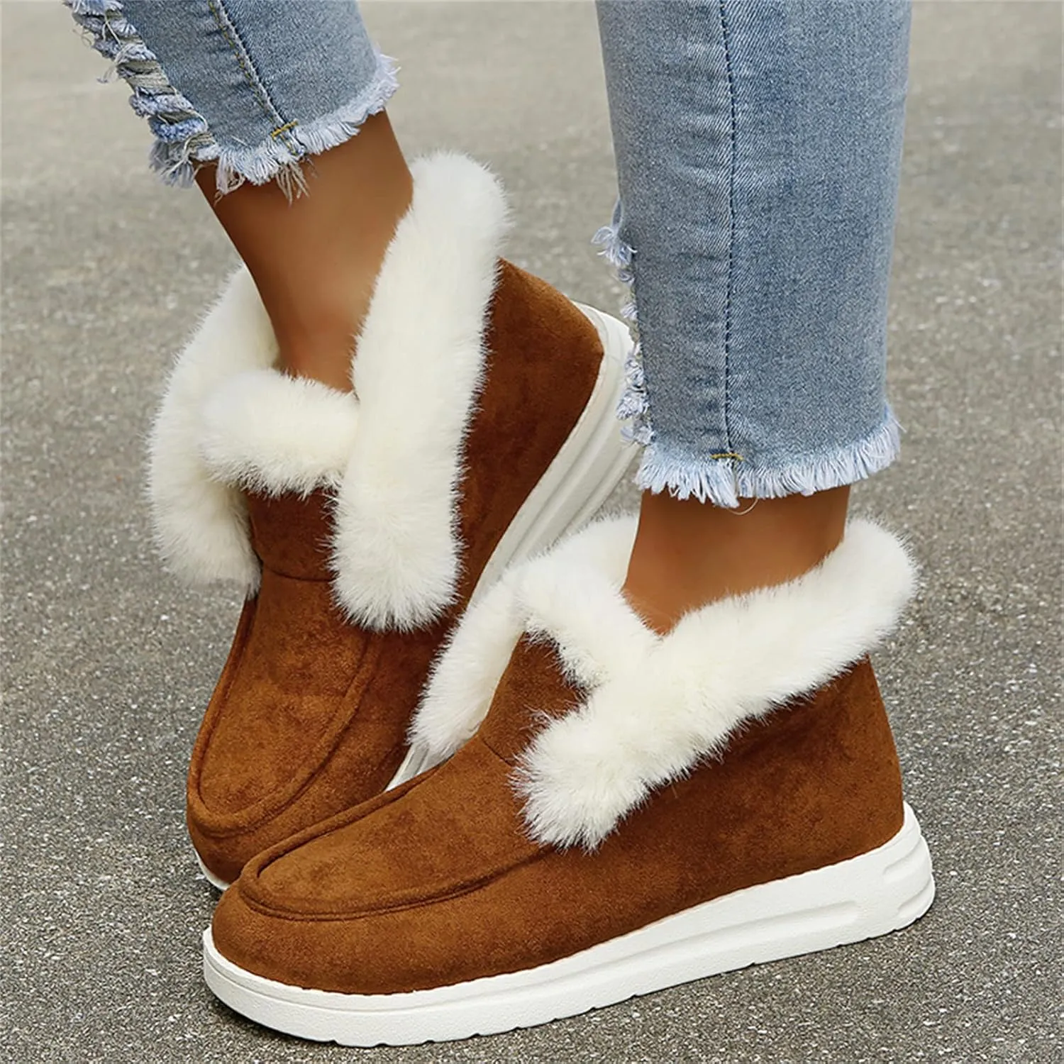 Lausiuoe Winter Boots For Women 2022 Trendy Classic Fuzzy Fur Lining Slip On Ankle Booties Warm Casual Loafers Sneakers