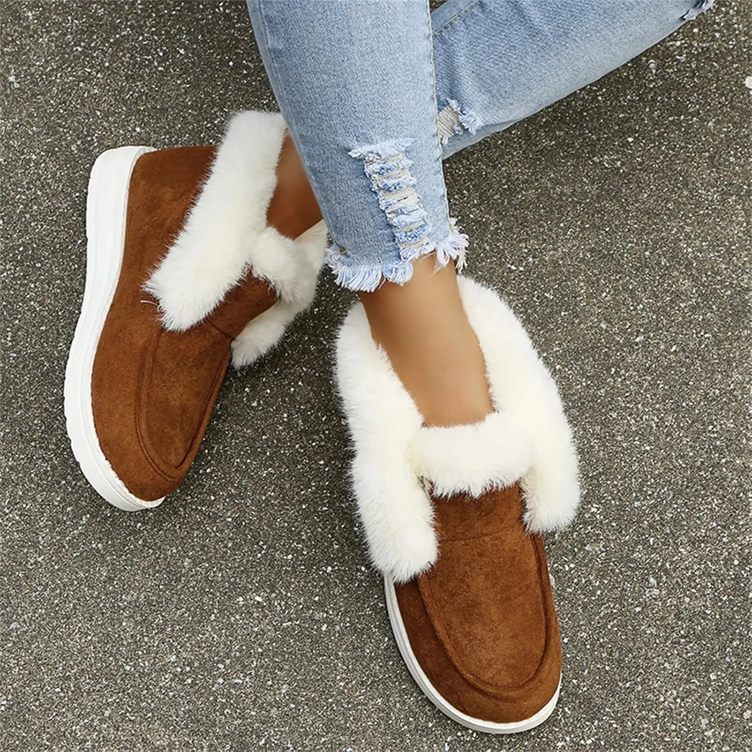 Lausiuoe Winter Boots For Women 2022 Trendy Classic Fuzzy Fur Lining Slip On Ankle Booties Warm Casual Loafers Sneakers