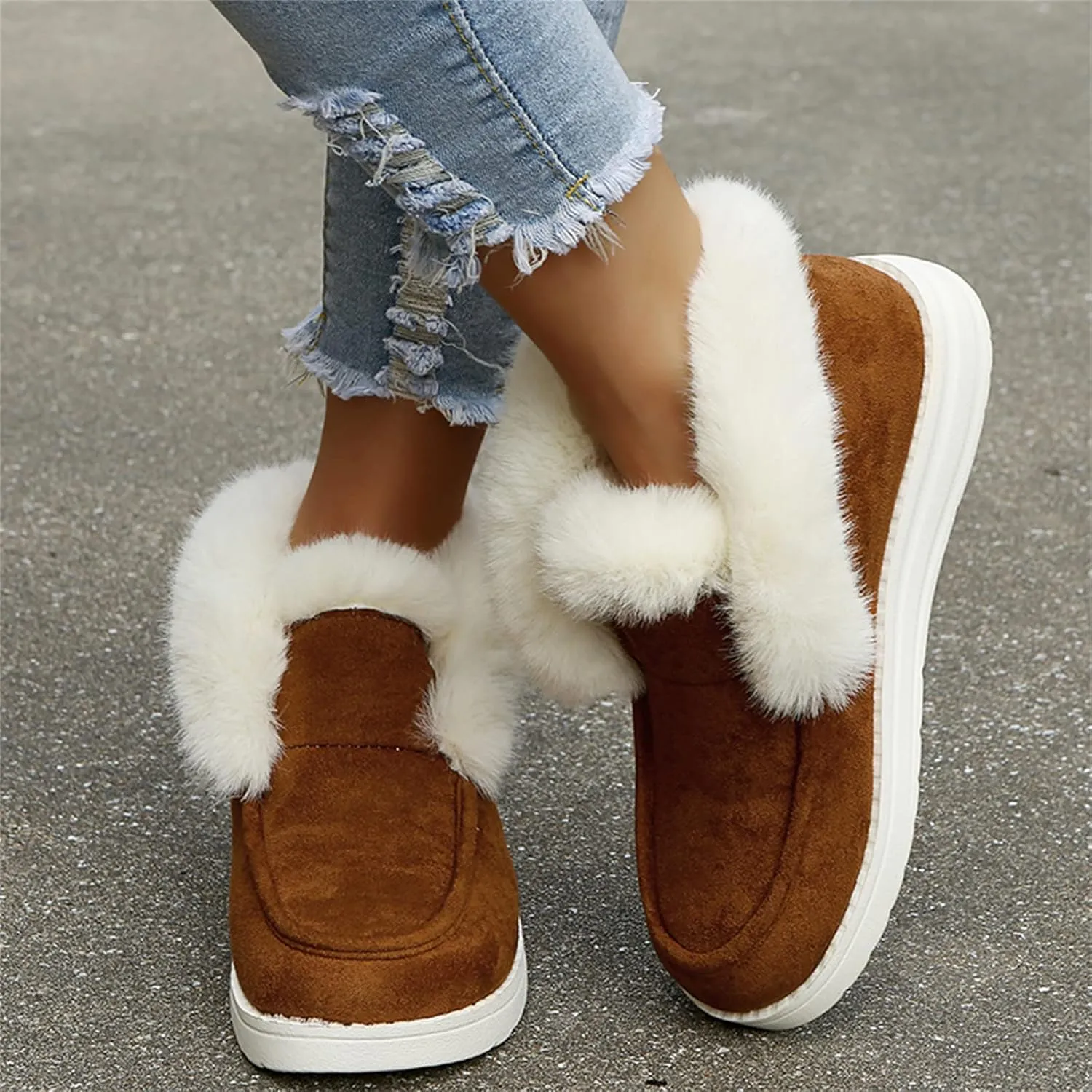 Lausiuoe Winter Boots For Women 2022 Trendy Classic Fuzzy Fur Lining Slip On Ankle Booties Warm Casual Loafers Sneakers