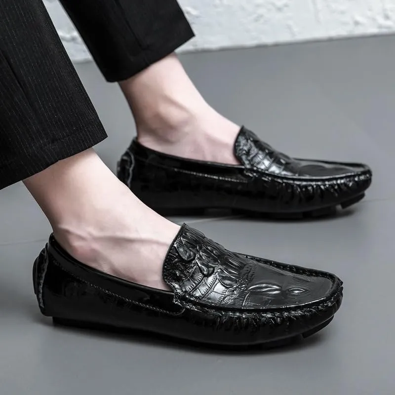 Loafers for Men Round Toe Crocodile Print Faux Leather Driving Loafers Flexible Slip Resistant Lightweight Prom Slip-ons