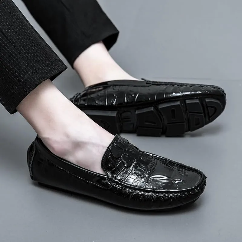 Loafers for Men Round Toe Crocodile Print Faux Leather Driving Loafers Flexible Slip Resistant Lightweight Prom Slip-ons