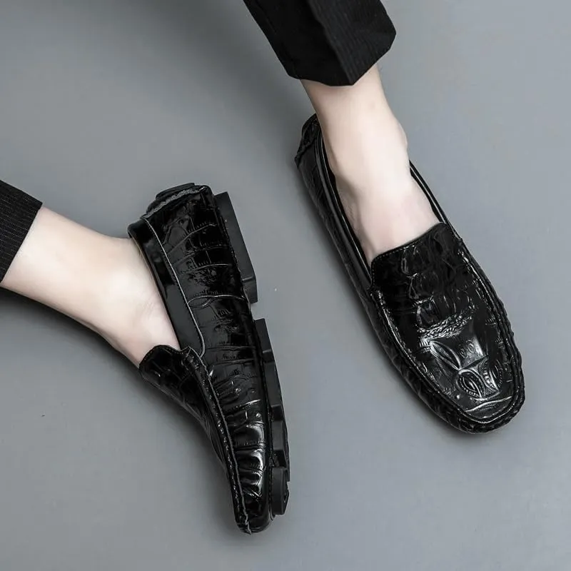 Loafers for Men Round Toe Crocodile Print Faux Leather Driving Loafers Flexible Slip Resistant Lightweight Prom Slip-ons