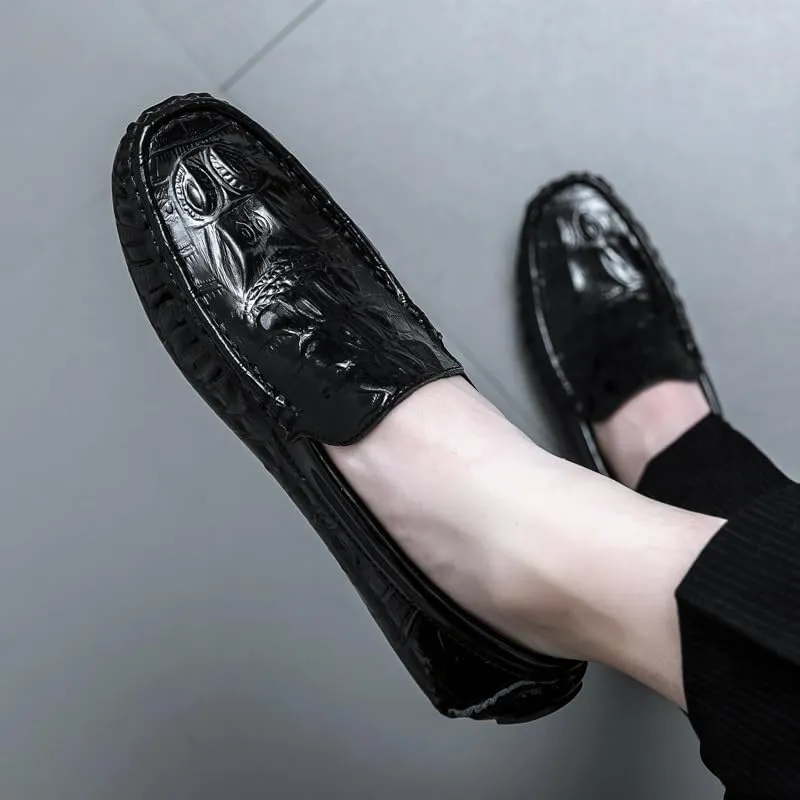 Loafers for Men Round Toe Crocodile Print Faux Leather Driving Loafers Flexible Slip Resistant Lightweight Prom Slip-ons