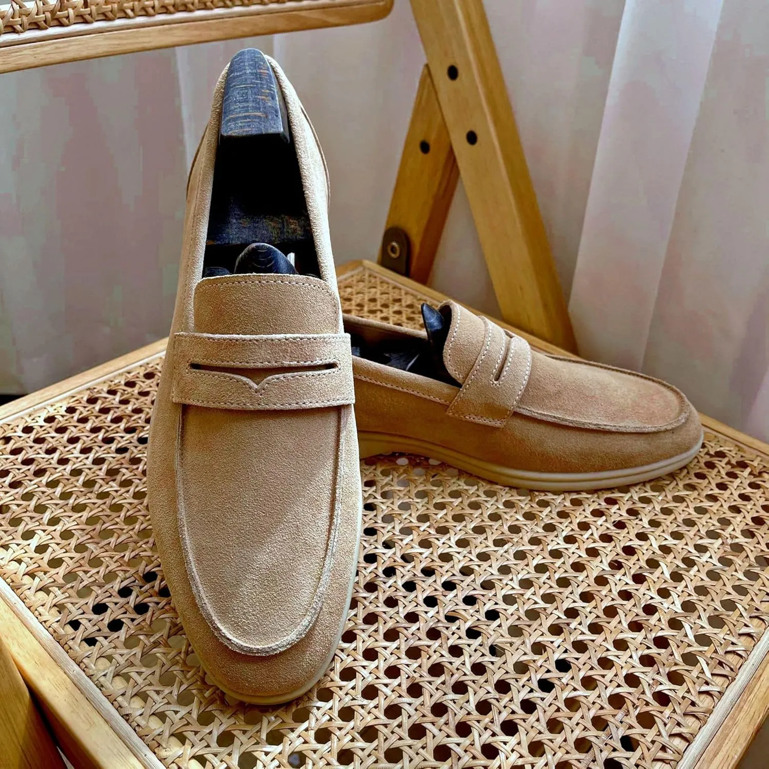 Loafers for Men Suede Genuine Leather Apron Toe Penny Loafers Flexible Flat Heel Lightweight Outdoor Slip On