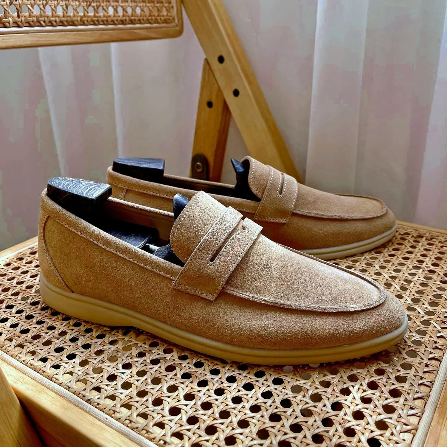 Loafers for Men Suede Genuine Leather Apron Toe Penny Loafers Flexible Flat Heel Lightweight Outdoor Slip On