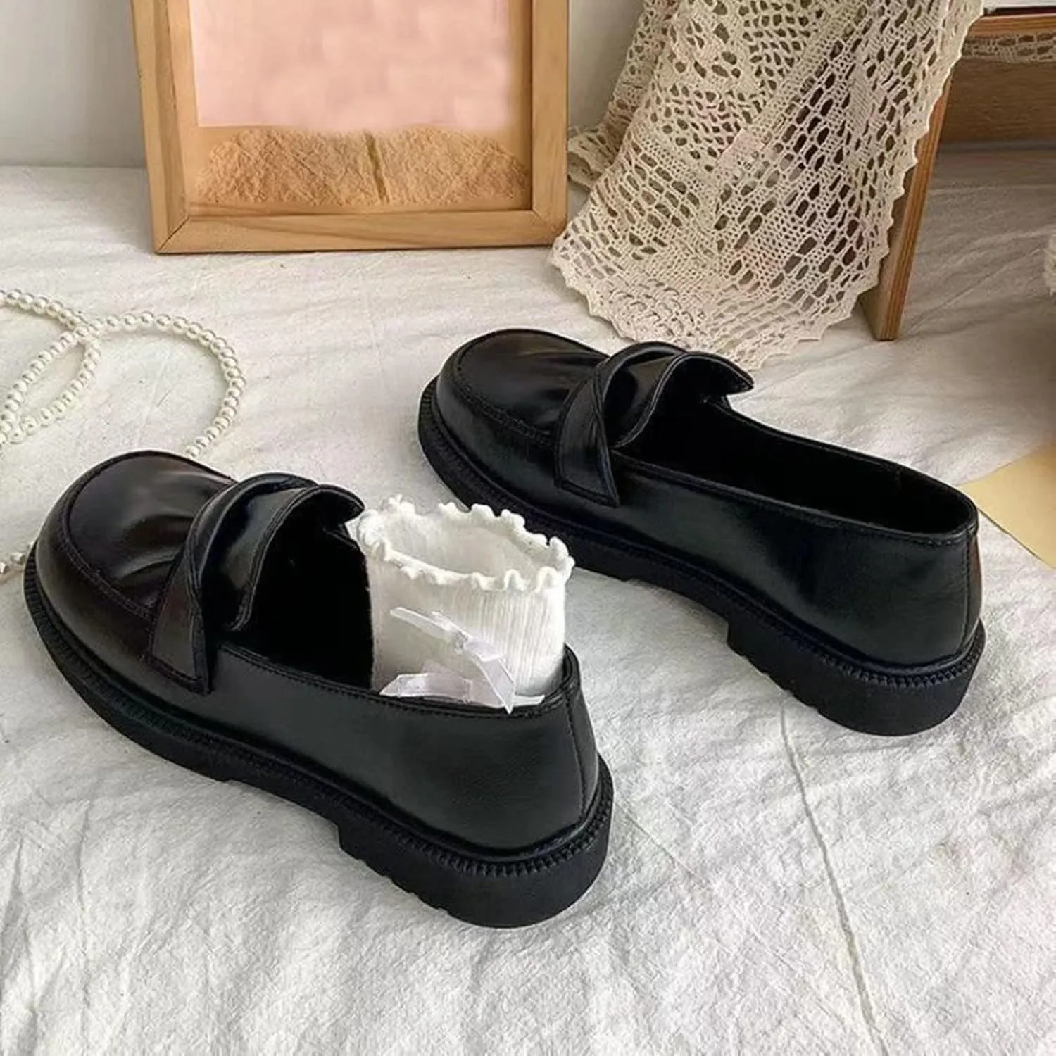 Mary Jane Single Shoe for Women Versatile Leather Shoes Round Toe Slip On Loafers Chunky Heel Thick Bottom Shoes