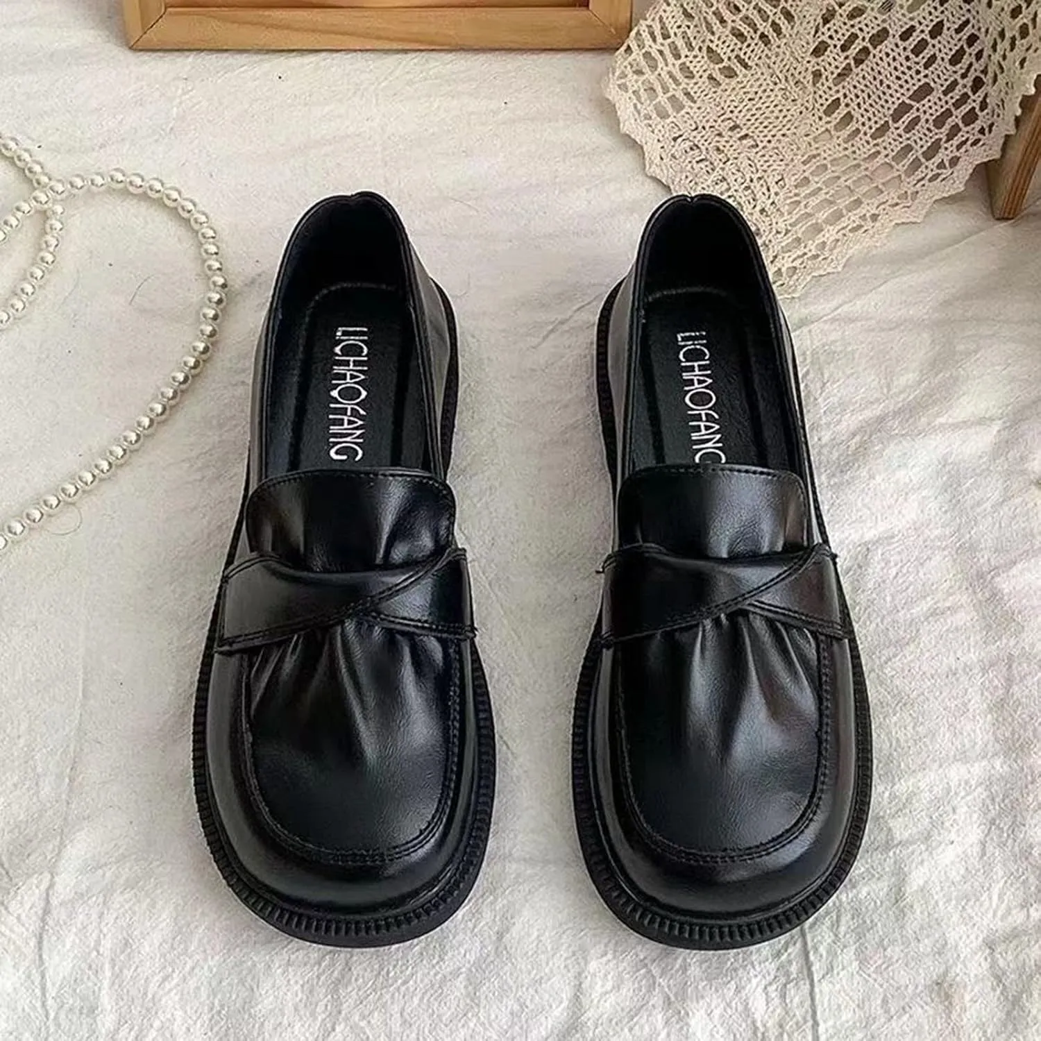 Mary Jane Single Shoe for Women Versatile Leather Shoes Round Toe Slip On Loafers Chunky Heel Thick Bottom Shoes