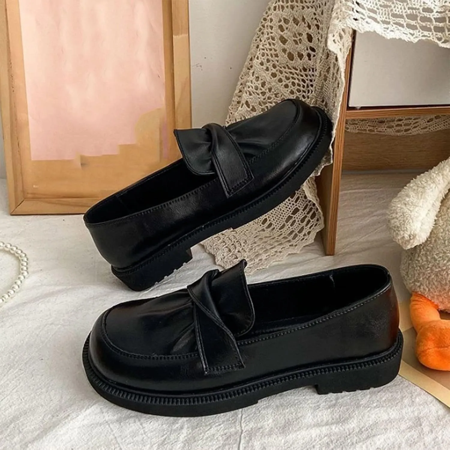 Mary Jane Single Shoe for Women Versatile Leather Shoes Round Toe Slip On Loafers Chunky Heel Thick Bottom Shoes