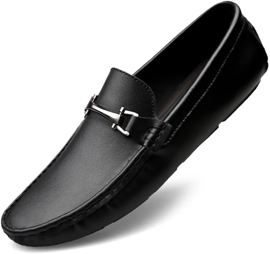 Men's Driving Moccasins Loafers - Round Toe Leather Slip-On Shoes, Lightweight, Anti-Slip, Flat Heel, Flexible Casual Walking Footwear