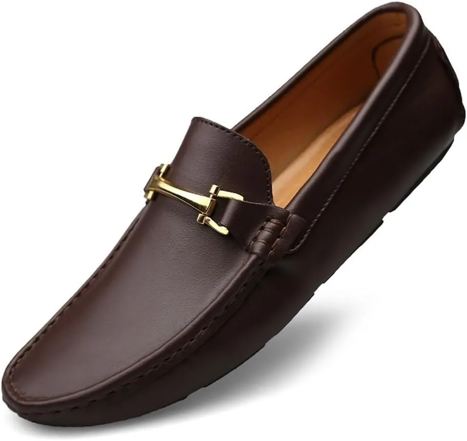 Men's Driving Moccasins Loafers - Round Toe Leather Slip-On Shoes, Lightweight, Anti-Slip, Flat Heel, Flexible Casual Walking Footwear