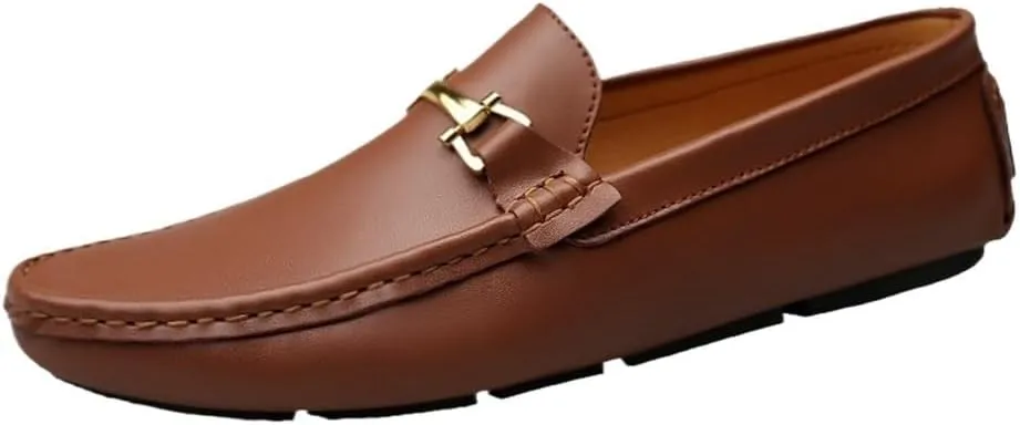 Men's Driving Moccasins Loafers - Round Toe Leather Slip-On Shoes, Lightweight, Anti-Slip, Flat Heel, Flexible Casual Walking Footwear