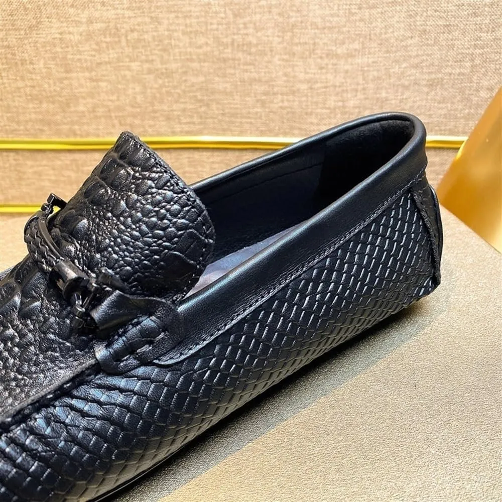 Men's Driving Moccasins - Round Toe Faux Crocodile Print Leather Slip-Ons, Lightweight Anti-Slip Flat Heel, Flexible Walking Casual Shoes