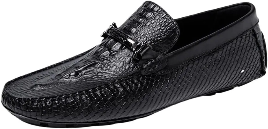 Men's Driving Moccasins - Round Toe Faux Crocodile Print Leather Slip-Ons, Lightweight Anti-Slip Flat Heel, Flexible Walking Casual Shoes