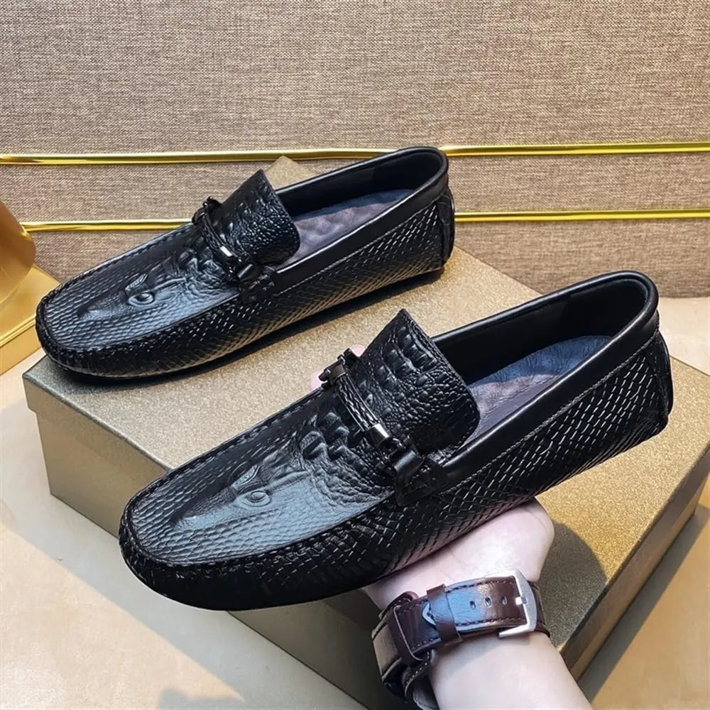 Men's Driving Moccasins - Round Toe Faux Crocodile Print Leather Slip-Ons, Lightweight Anti-Slip Flat Heel, Flexible Walking Casual Shoes