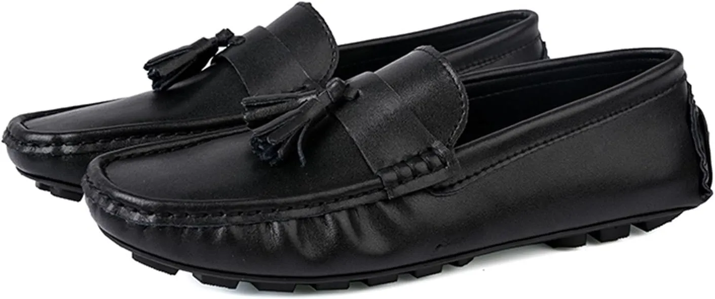 Men's Genuine Leather Loafers with Tassel, Stitching Details, Round Toe, Flexible Flat Heel, Comfortable Fashion Slip-Ons