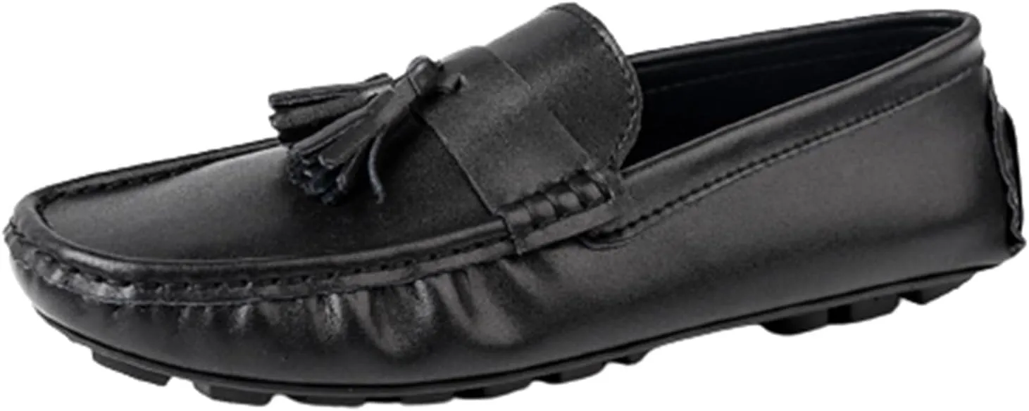 Men's Genuine Leather Loafers with Tassel, Stitching Details, Round Toe, Flexible Flat Heel, Comfortable Fashion Slip-Ons