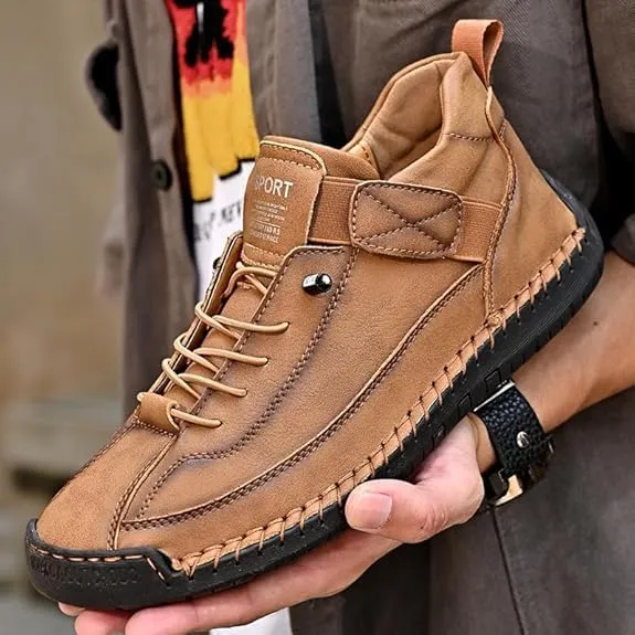 Men’s Leather Loafers – Stylish Retro High-Top Casual Shoes with Buckle Design, Soft Sole for Walking Comfort, Durable Handmade Outdoor Flat Hiking Fashion