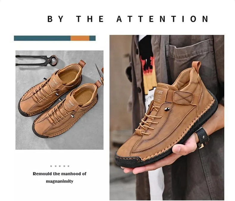 Men’s Leather Loafers – Stylish Retro High-Top Casual Shoes with Buckle Design, Soft Sole for Walking Comfort, Durable Handmade Outdoor Flat Hiking Fashion