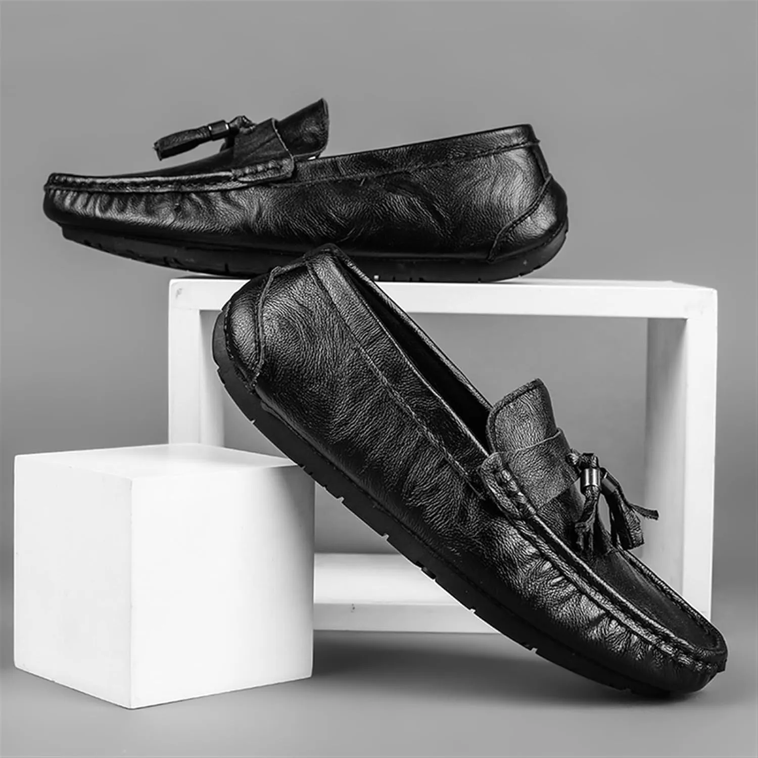 Men's Loafers Genuine Leather Tassel Slip-Ons with Stitching, Round Toe, Flexible, Anti-Slip, Classic Wedding Shoes