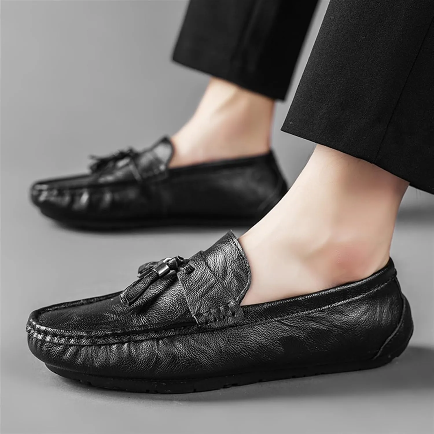 Men's Loafers Genuine Leather Tassel Slip-Ons with Stitching, Round Toe, Flexible, Anti-Slip, Classic Wedding Shoes