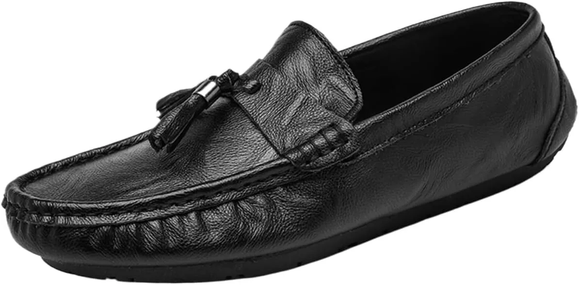 Men's Loafers Genuine Leather Tassel Slip-Ons with Stitching, Round Toe, Flexible, Anti-Slip, Classic Wedding Shoes