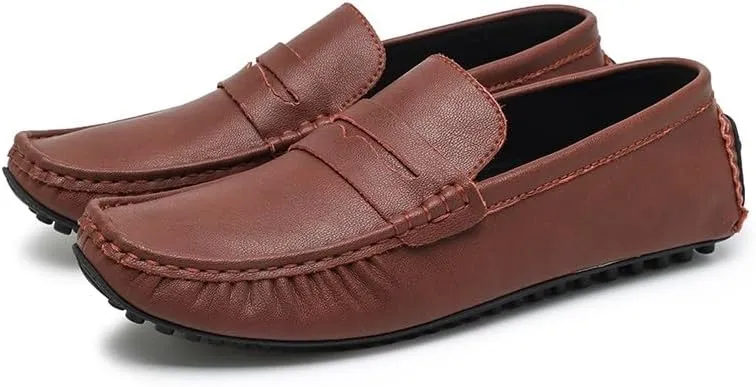 Men's Loafers Round Toe Faux Leather Penny Driving Loafers Flexible Slip Resistant Flat Heel Walking Wedding Slip-on