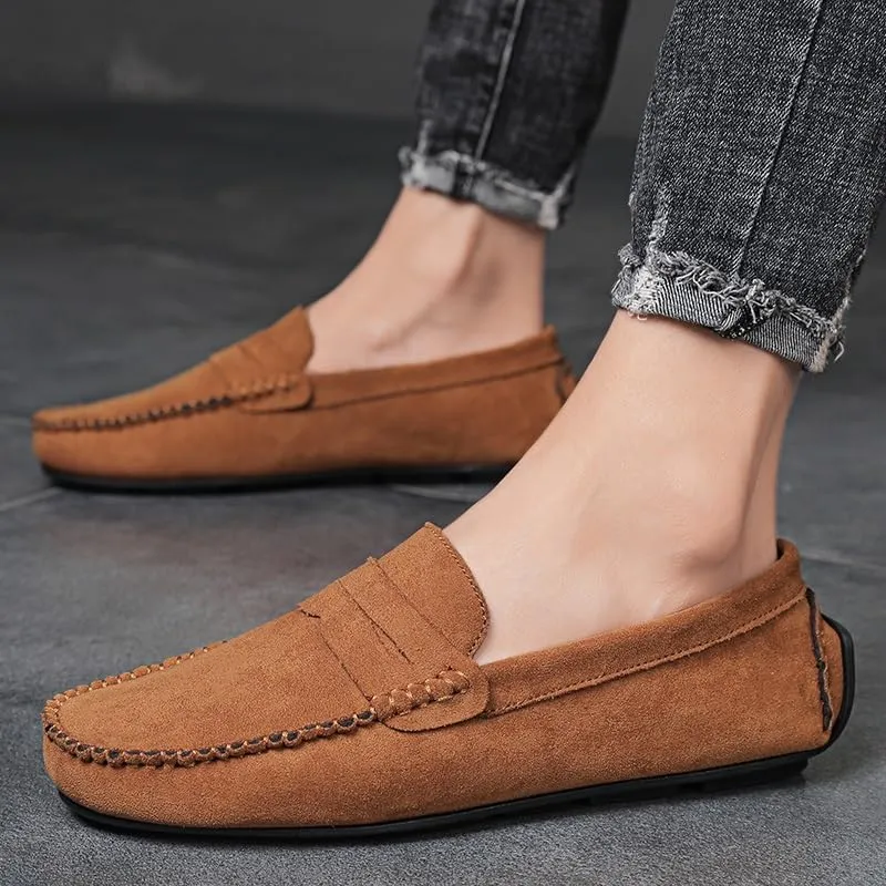 Mens Loafers Round Toe Suede Vamp Penny Driving Loafers Lightweight Flat Heel Flexible Party Slip-ons