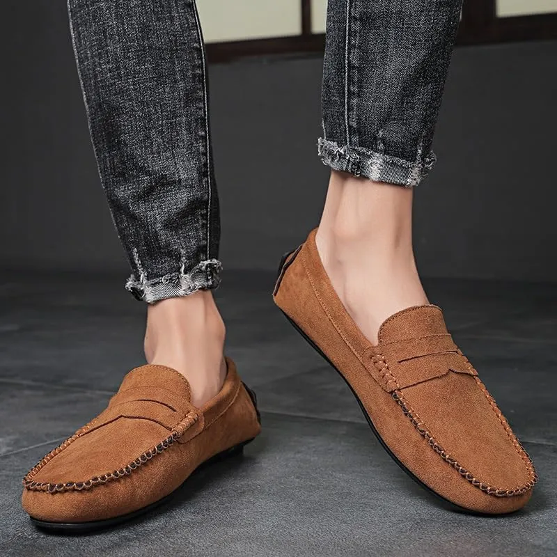Mens Loafers Round Toe Suede Vamp Penny Driving Loafers Lightweight Flat Heel Flexible Party Slip-ons