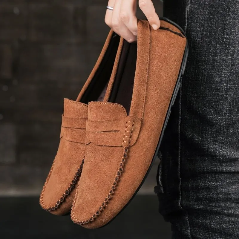 Mens Loafers Round Toe Suede Vamp Penny Driving Loafers Lightweight Flat Heel Flexible Party Slip-ons