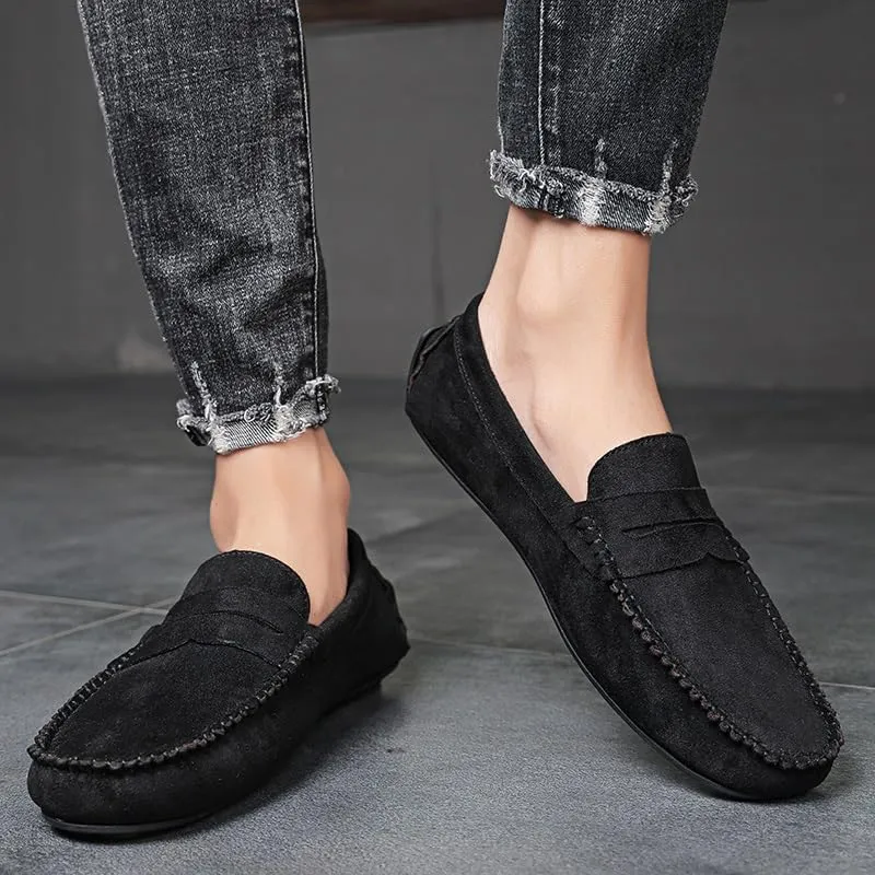 Mens Loafers Round Toe Suede Vamp Penny Driving Loafers Lightweight Flat Heel Flexible Party Slip-ons