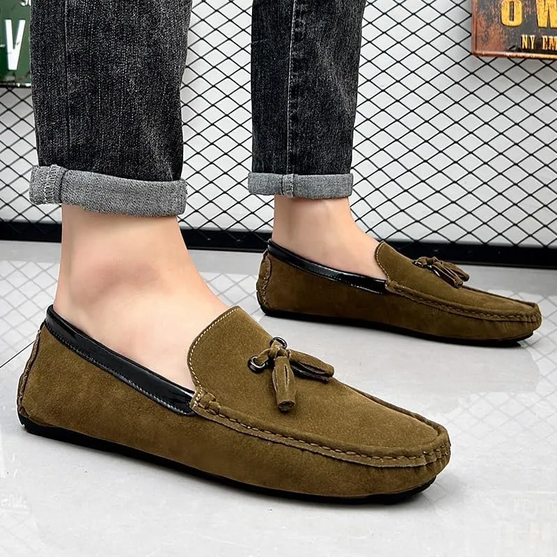 Men's Loafers Round Toe Vegan Suede Leather Driving Loafers with Tassel Comfortable Lightweight Flexible Outdoor Slip-ons