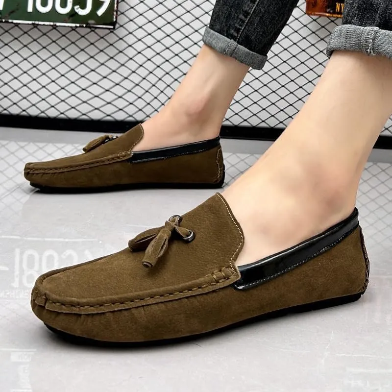 Men's Loafers Round Toe Vegan Suede Leather Driving Loafers with Tassel Comfortable Lightweight Flexible Outdoor Slip-ons