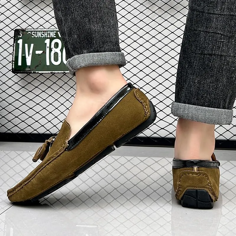 Men's Loafers Round Toe Vegan Suede Leather Driving Loafers with Tassel Comfortable Lightweight Flexible Outdoor Slip-ons