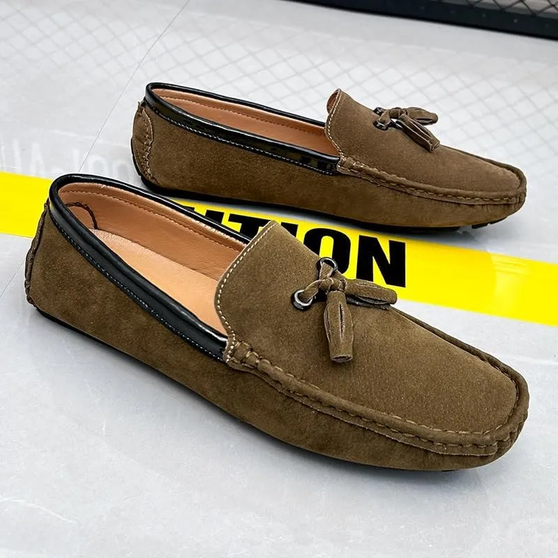 Men's Loafers Round Toe Vegan Suede Leather Driving Loafers with Tassel Comfortable Lightweight Flexible Outdoor Slip-ons