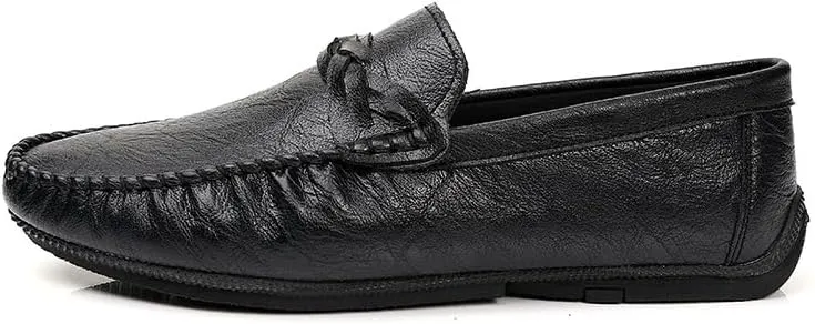 Mens Loafers Shoe Solid Color Round Toe Driving Loafers Leather Flat Heel Flexible Lightweight Wedding Slip-ons