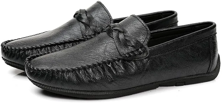 Mens Loafers Shoe Solid Color Round Toe Driving Loafers Leather Flat Heel Flexible Lightweight Wedding Slip-ons