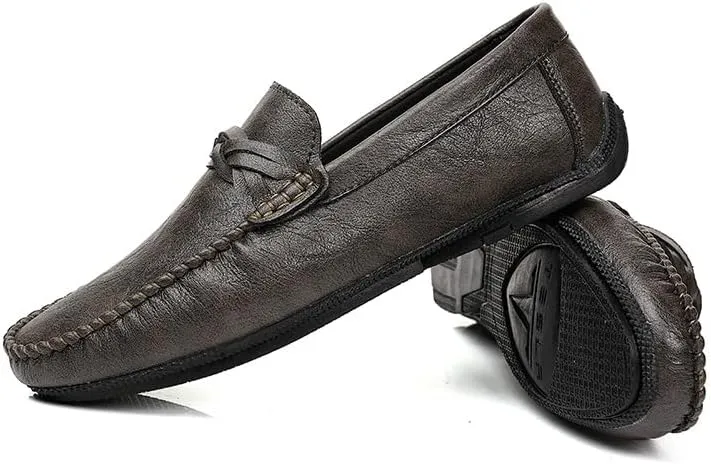 Mens Loafers Shoe Solid Color Round Toe Driving Loafers Leather Flat Heel Flexible Lightweight Wedding Slip-ons