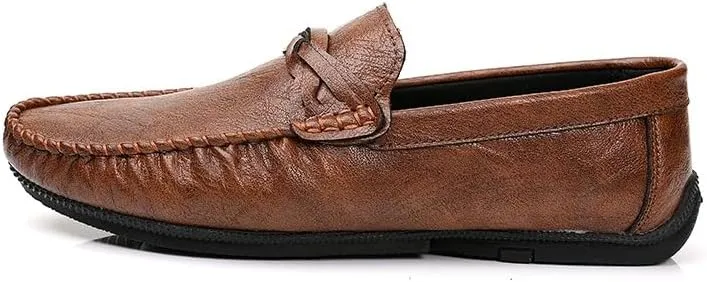 Mens Loafers Shoe Solid Color Round Toe Driving Loafers Leather Flat Heel Flexible Lightweight Wedding Slip-ons