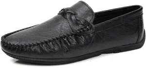 Mens Loafers Shoe Solid Color Round Toe Driving Loafers Leather Flat Heel Flexible Lightweight Wedding Slip-ons