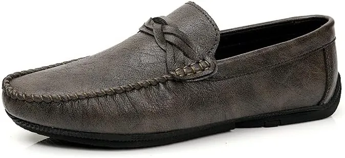 Mens Loafers Shoe Solid Color Round Toe Driving Loafers Leather Flat Heel Flexible Lightweight Wedding Slip-ons