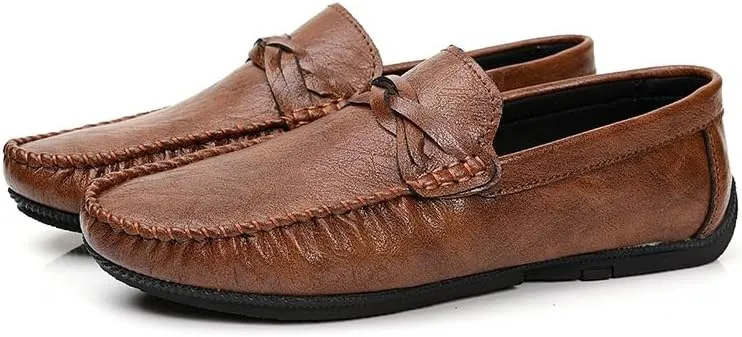 Mens Loafers Shoe Solid Color Round Toe Driving Loafers Leather Flat Heel Flexible Lightweight Wedding Slip-ons
