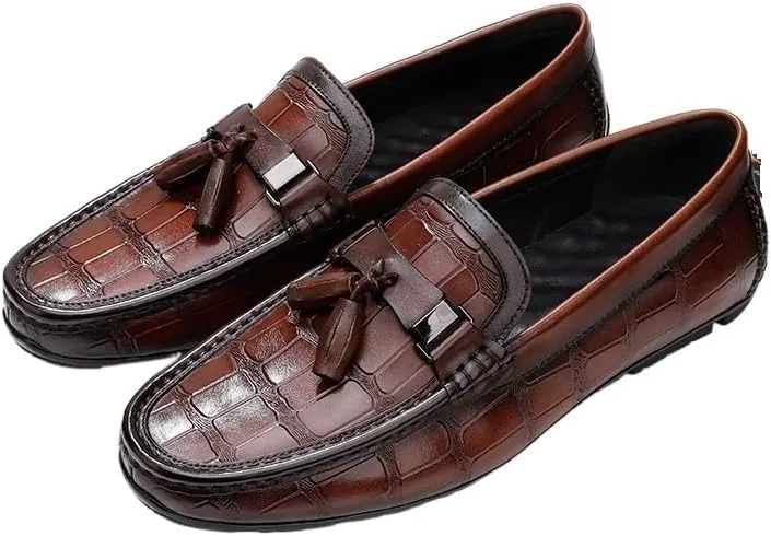 Men's Loafers Solid Color Stone Pattern Tassel Driving Loafers Lightweight Flat Heel Flexible Casual Slip On