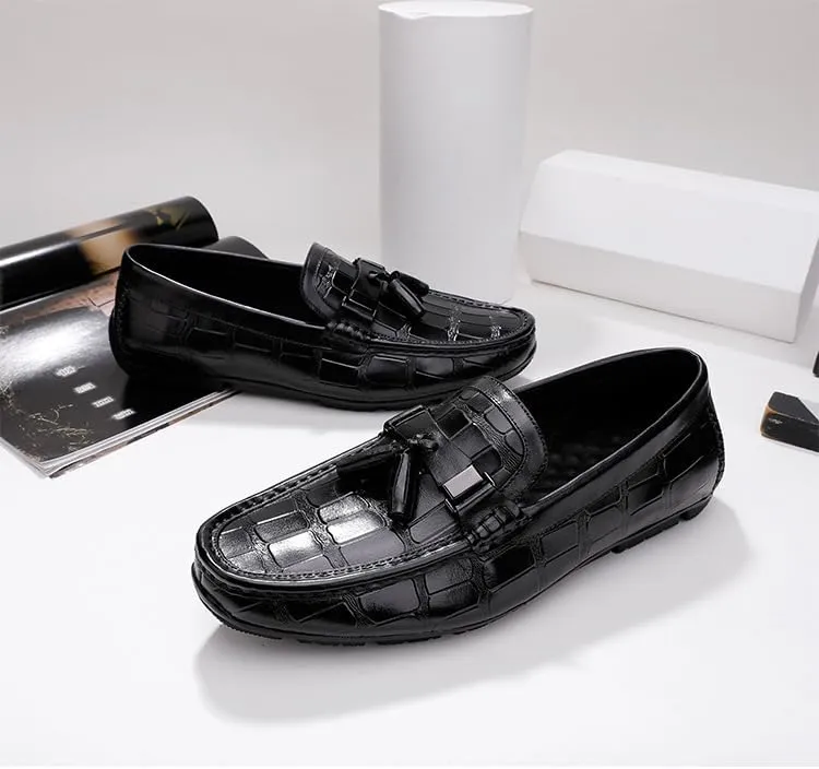 Men's Loafers Solid Color Stone Pattern Tassel Driving Loafers Lightweight Flat Heel Flexible Casual Slip On