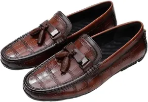 Men's Loafers Solid Color Stone Pattern Tassel Driving Loafers Lightweight Flat Heel Flexible Casual Slip On